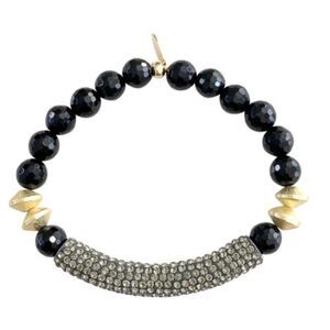 Stretch Bracelet Black Agate Stone Beads & Crystal Rhinestone Bar NEW